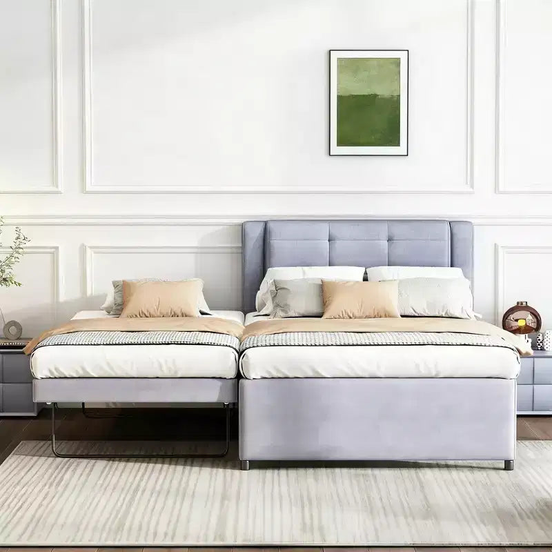 Lit plateforme moderne en lin avec tête de lit et lit gigogne Luxystar, taille standard