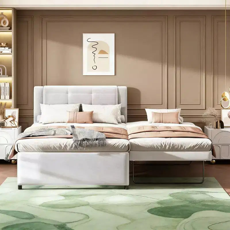 Lit plateforme moderne en lin avec tête de lit et lit gigogne Luxystar, taille standard
