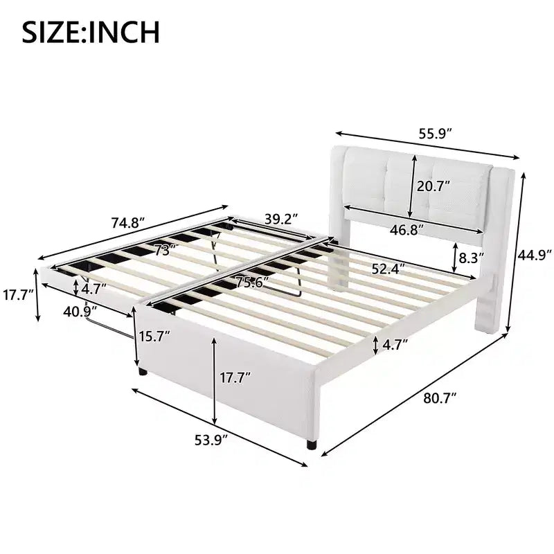 Lit plateforme moderne en lin avec tête de lit et lit gigogne Luxystar, taille standard