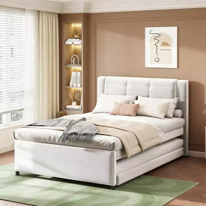 Luxystar Modern Full Size Linen Upholstery platform bed with Headboard and Trundle