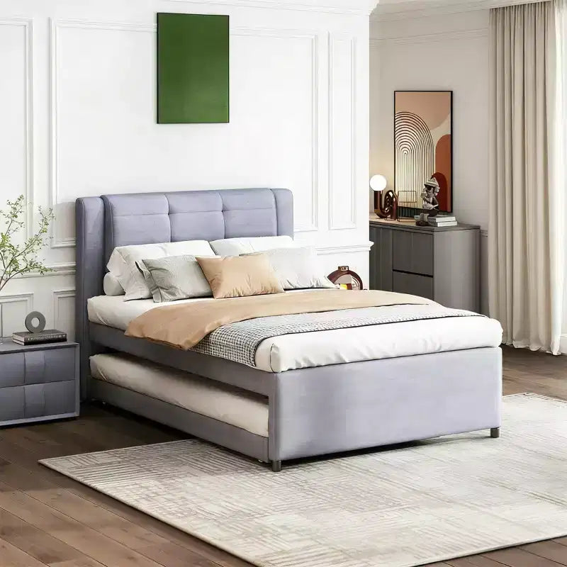 Lit plateforme moderne en lin avec tête de lit et lit gigogne Luxystar, taille standard