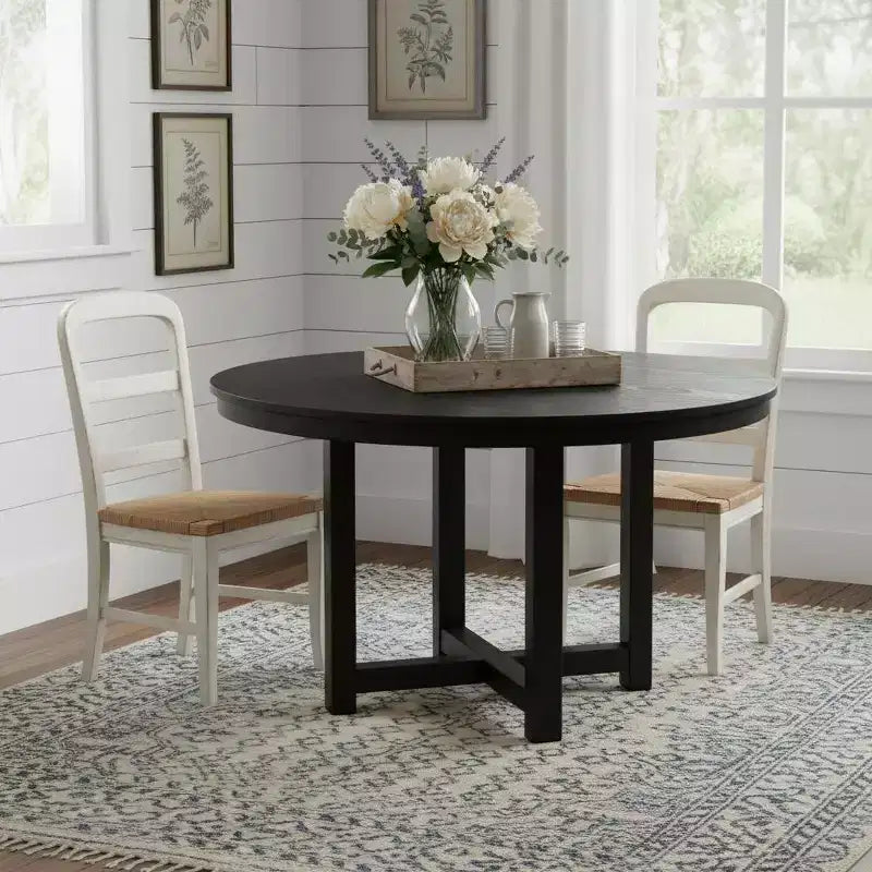 Table à manger ronde HomeRoots 45 à plateau en bois massif noir avec pieds croisés