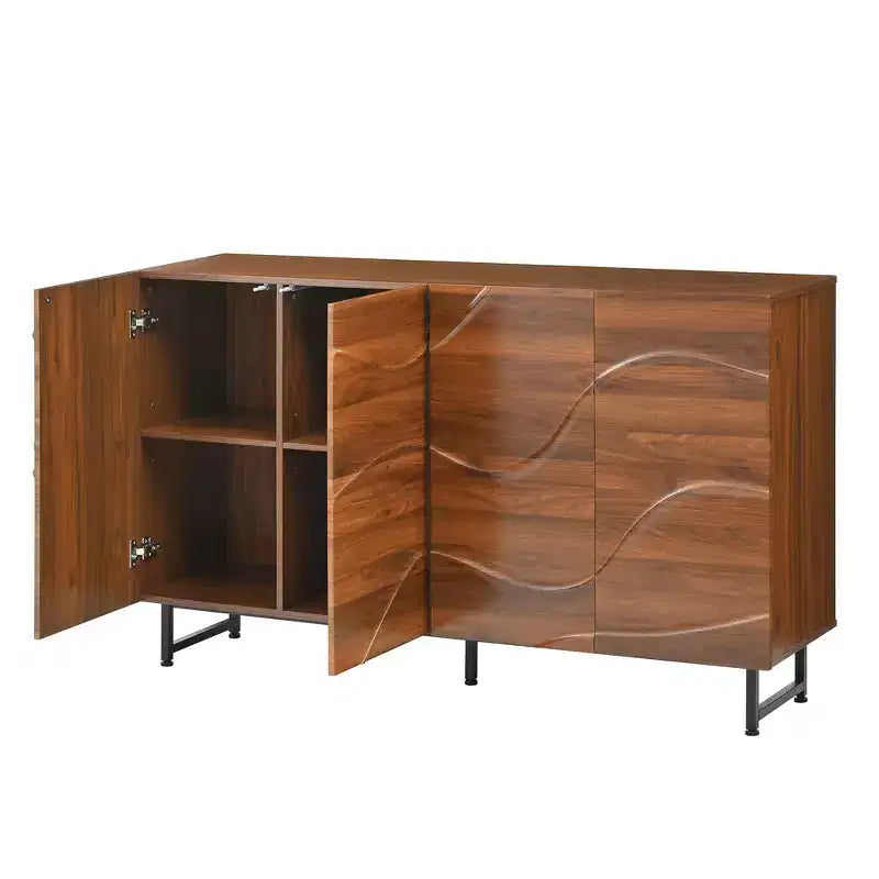 Buffet moderne en bois massif avec motif ondulé et pieds en fer, 59 po