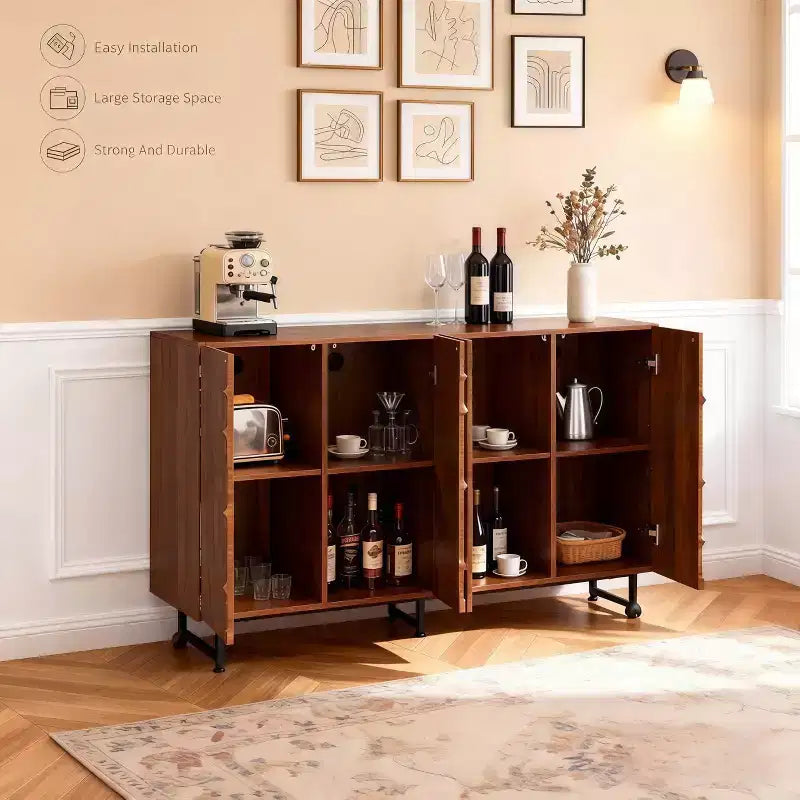 Buffet moderne en bois massif avec motif ondulé et pieds en fer, 59 po