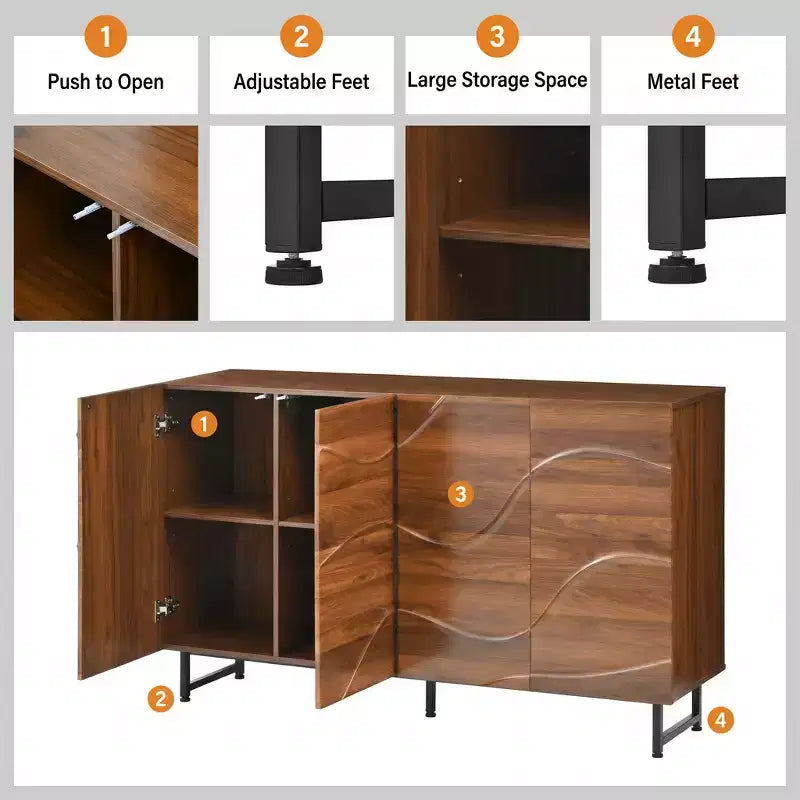 Buffet moderne en bois massif avec motif ondulé et pieds en fer, 59 po