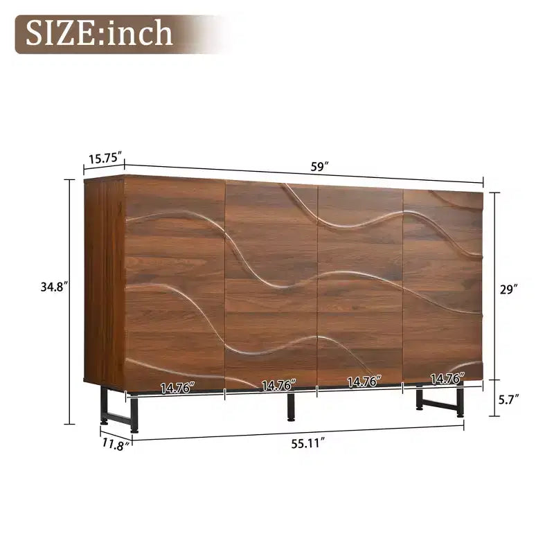 Buffet moderne en bois massif avec motif ondulé et pieds en fer, 59 po