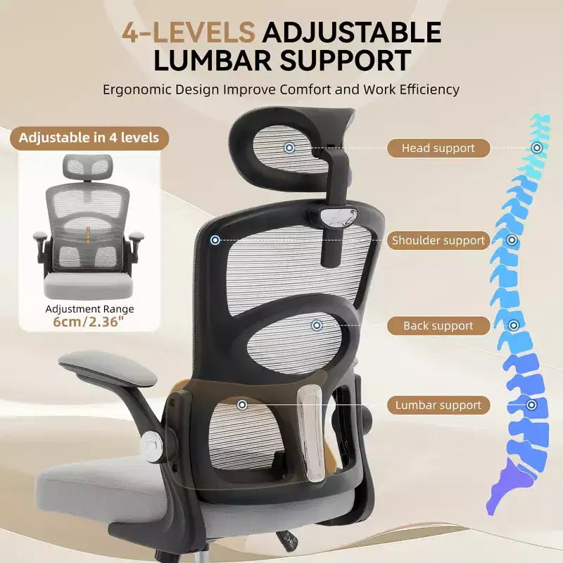 Chaise de bureau ergonomique, Chaise de bureau en maille à dossier haut avec appui-tête et support lombaire réglables, Chaise d'ordinateur pivotante à roulettes pour bureau à domicile, salle de jeux