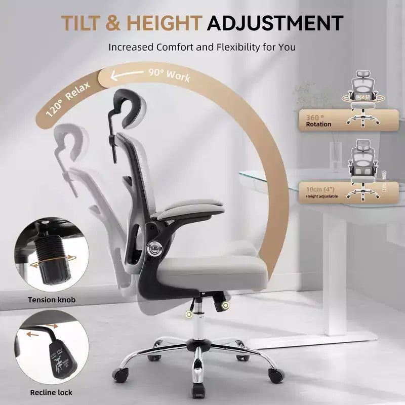 Chaise de bureau ergonomique, Chaise de bureau en maille à dossier haut avec appui-tête et support lombaire réglables, Chaise d'ordinateur pivotante à roulettes pour bureau à domicile, salle de jeux