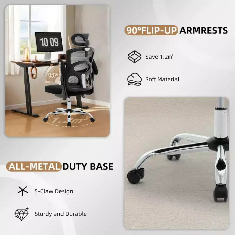 Chaise de bureau ergonomique, Chaise de bureau en maille à dossier haut avec appui-tête et support lombaire réglables, Chaise d'ordinateur pivotante à roulettes pour bureau à domicile, salle de jeux