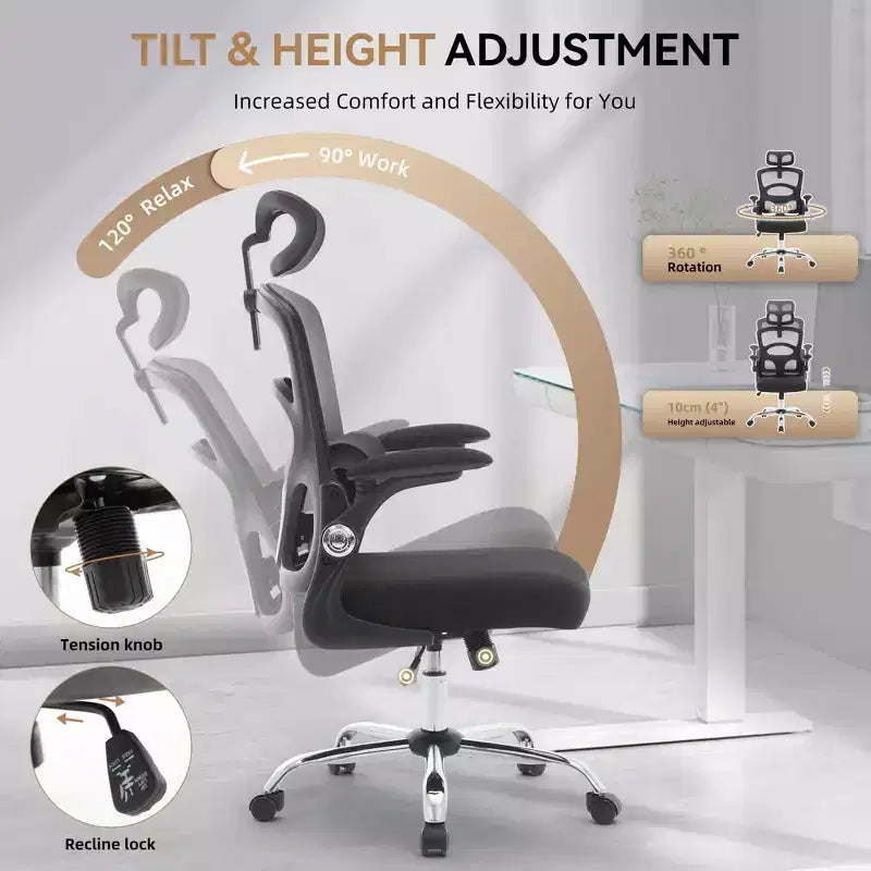 Chaise de bureau ergonomique, Chaise de bureau en maille à dossier haut avec appui-tête et support lombaire réglables, Chaise d'ordinateur pivotante à roulettes pour bureau à domicile, salle de jeux