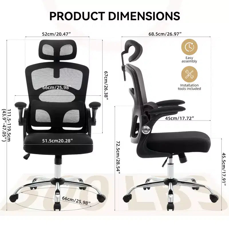 Chaise de bureau ergonomique, Chaise de bureau en maille à dossier haut avec appui-tête et support lombaire réglables, Chaise d'ordinateur pivotante à roulettes pour bureau à domicile, salle de jeux