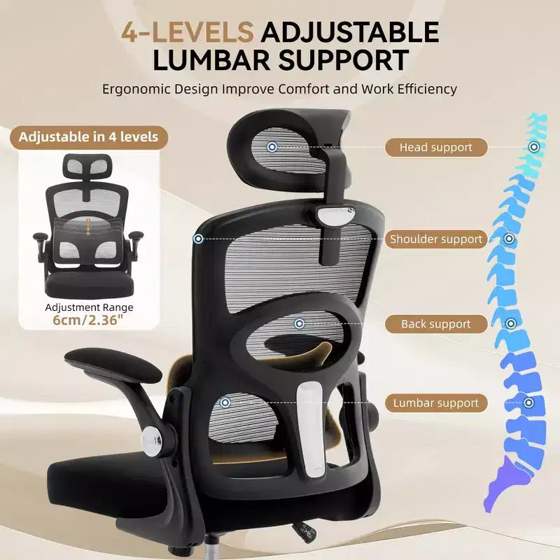 Chaise de bureau ergonomique, Chaise de bureau en maille à dossier haut avec appui-tête et support lombaire réglables, Chaise d'ordinateur pivotante à roulettes pour bureau à domicile, salle de jeux