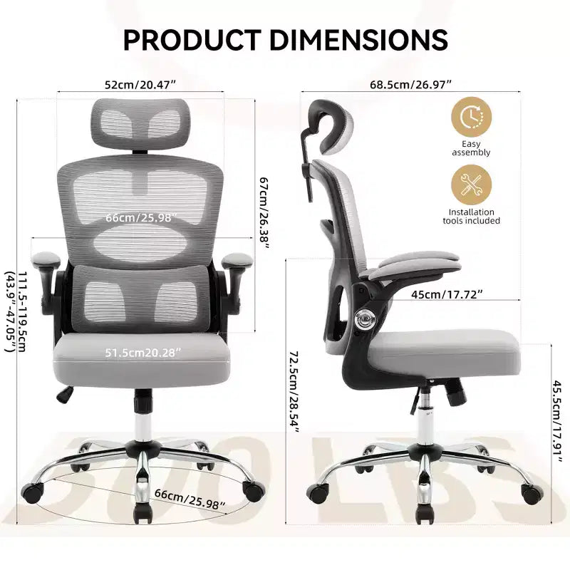 Chaise de bureau ergonomique, Chaise de bureau en maille à dossier haut avec appui-tête et support lombaire réglables, Chaise d'ordinateur pivotante à roulettes pour bureau à domicile, salle de jeux