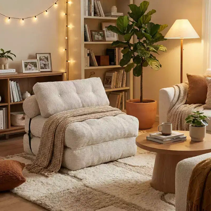 FurnitureR Convertible Corduroy Floor Sofa Bed with Adjustable Backrest & Pillows, Modern Folding Sleeper Chair for Small Spaces, Apartment,Guest Room