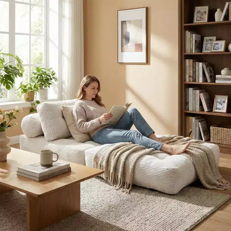 Canapé-lit de sol convertible en velours côtelé FurnitureR avec dossier réglable et oreillers, fauteuil-lit pliant moderne pour petits espaces, appartement, chambre d'amis