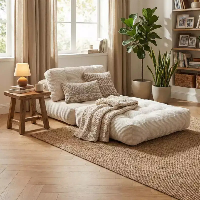 Canapé-lit de sol convertible en velours côtelé FurnitureR avec dossier réglable et oreillers, fauteuil-lit pliant moderne pour petits espaces, appartement, chambre d'amis