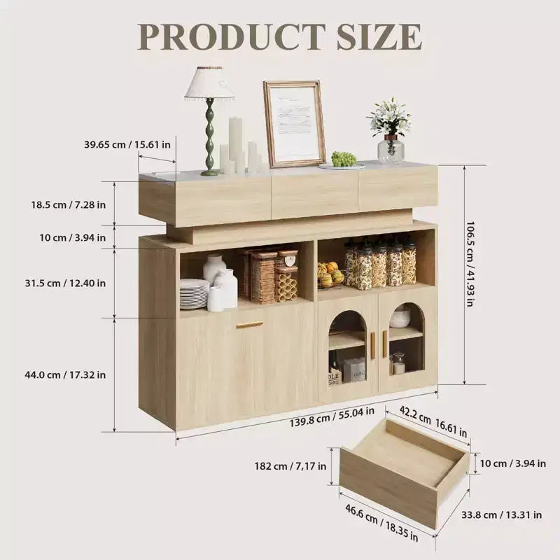 COZONY 55 Meuble Bar à Café avec 3 Tiroirs et Station de Chargement, Buffet de Cuisine avec Étagère Réglable