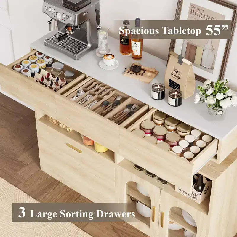 COZONY 55 Meuble Bar à Café avec 3 Tiroirs et Station de Chargement, Buffet de Cuisine avec Étagère Réglable