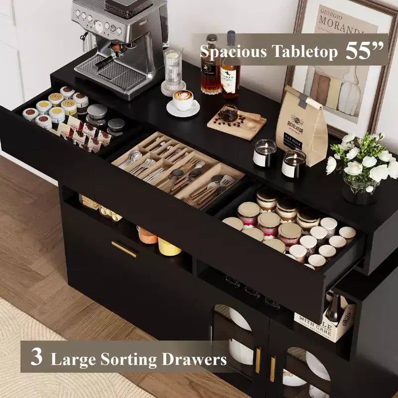COZONY 55 Meuble Bar à Café avec 3 Tiroirs et Station de Chargement, Buffet de Cuisine avec Étagère Réglable
