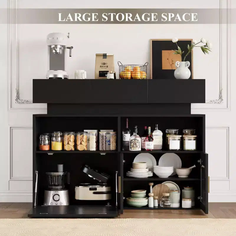COZONY 55 Meuble Bar à Café avec 3 Tiroirs et Station de Chargement, Buffet de Cuisine avec Étagère Réglable