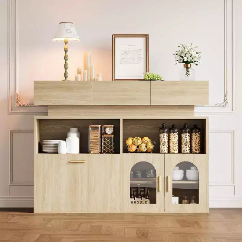 COZONY 55 Meuble Bar à Café avec 3 Tiroirs et Station de Chargement, Buffet de Cuisine avec Étagère Réglable