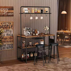 Îlot de cuisine industriel avec prise de courant et 2 tabourets de bar, étagère à 3 niveaux avec 5 crochets, table de bar à café pour four à micro-ondes pour salle à manger