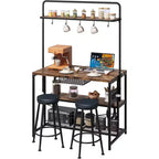 Îlot de cuisine industriel avec prise de courant et 2 tabourets de bar, étagère à 3 niveaux avec 5 crochets, table de bar à café pour four à micro-ondes pour salle à manger