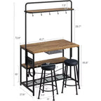 Îlot de cuisine industriel avec prise de courant et 2 tabourets de bar, étagère à 3 niveaux avec 5 crochets, table de bar à café pour four à micro-ondes pour salle à manger