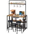 Îlot de cuisine industriel avec prise de courant et 2 tabourets de bar, étagère à 3 niveaux avec 5 crochets, table de bar à café pour four à micro-ondes pour salle à manger
