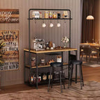 Industrial Kitchen Island with Power Outlet & 2 Bar Stools, 3-Tier Shelves Bakers Rack with 5 Hooks, Microwave Stand Coffee Bar Table for Dining Room