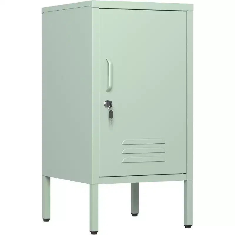 Lockable Single Door Metal End Table, Modern Side Table with 2 Adjustable Shelves, Multi-Storage Cabinet for Living Room & Bedroom