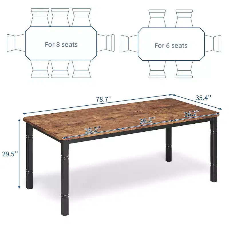 Table à manger industrielle pour 4 à 6 personnes, table de cuisine rectangulaire de 200 cm de long avec pieds en métal, table à manger robuste pour la cuisine, sans chaises