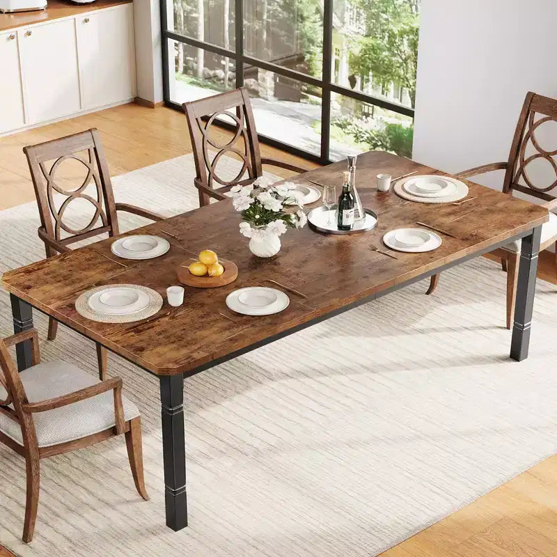 Table à manger industrielle pour 4 à 6 personnes, table de cuisine rectangulaire de 200 cm de long avec pieds en métal, table à manger robuste pour la cuisine, sans chaises