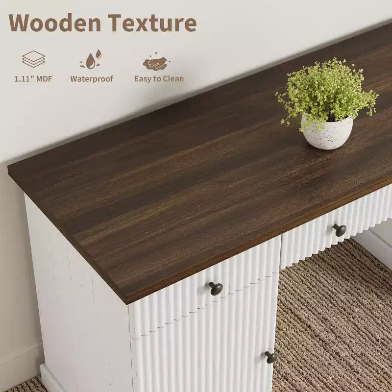 COZONY Bureau cannelé de 152,4 cm avec rangement, bureau de direction moderne avec station de charge et tiroirs de classement