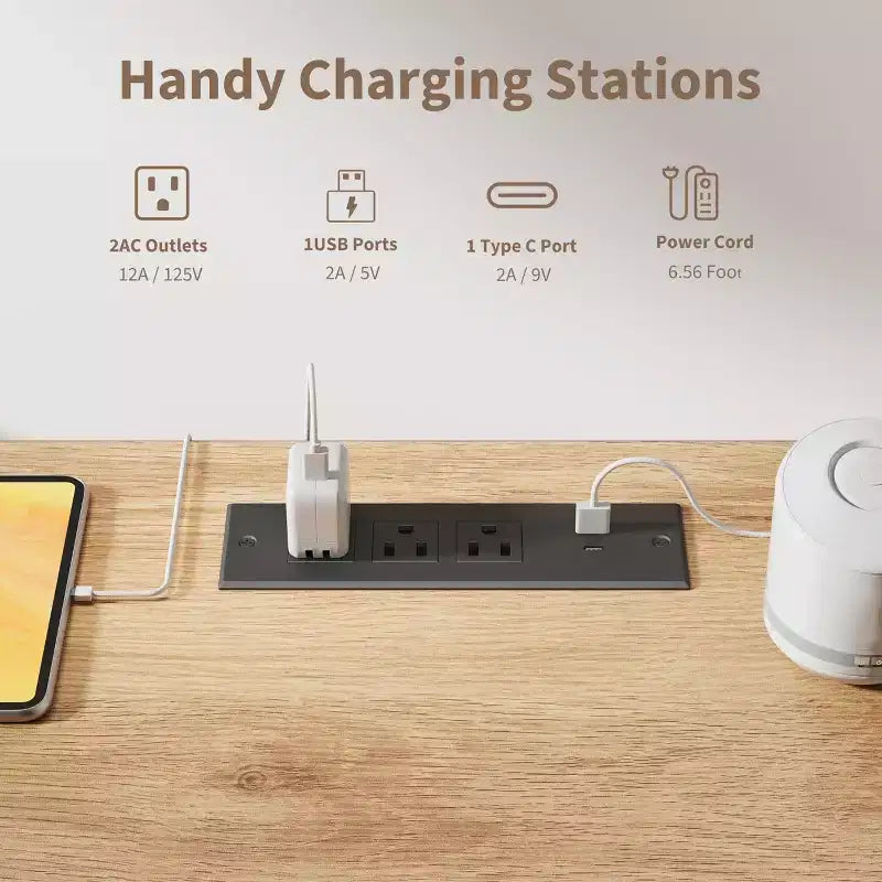COZONY Bureau cannelé de 152,4 cm avec rangement, bureau de direction moderne avec station de charge et tiroirs de classement