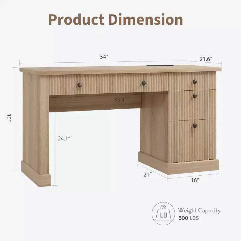 COZONY Bureau cannelé de 152,4 cm avec rangement, bureau de direction moderne avec station de charge et tiroirs de classement