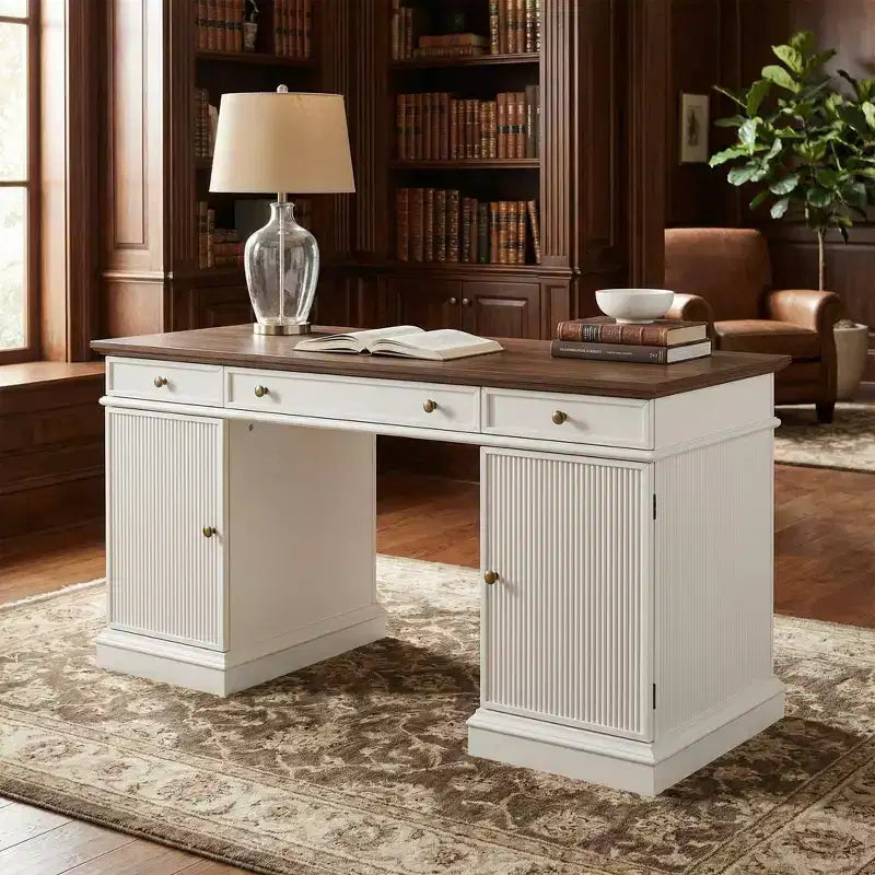 COZONY Bureau cannelé de 152,4 cm avec rangement, bureau de direction moderne avec station de charge et tiroirs de classement