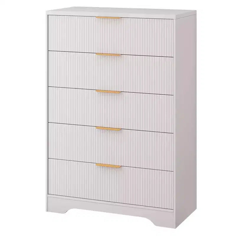 Fluted 5 Drawer Dresser for Bedroom, 47 Tall Modern Chest of Drawers with Gold Metal Handles, Wood Bedroom Dresser