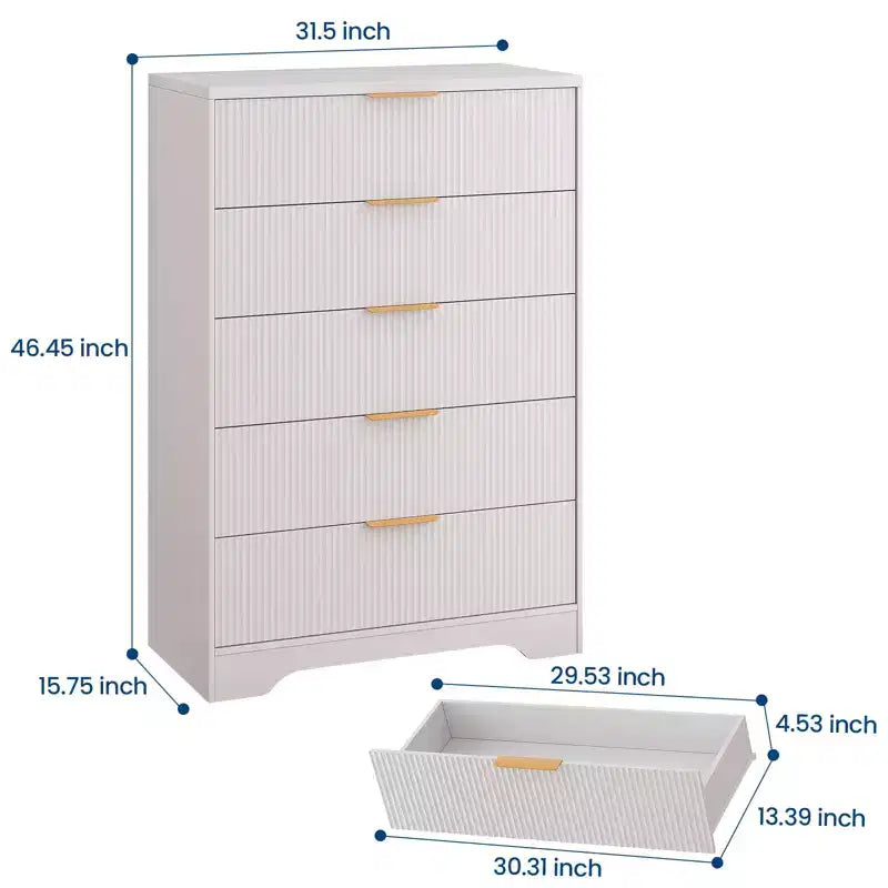 Commode de chambre à 5 tiroirs cannelée, commode haute et moderne de 120 cm avec poignées métalliques dorées, commode de chambre en bois