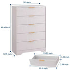 Commode de chambre à 5 tiroirs cannelée, commode haute et moderne de 120 cm avec poignées métalliques dorées, commode de chambre en bois