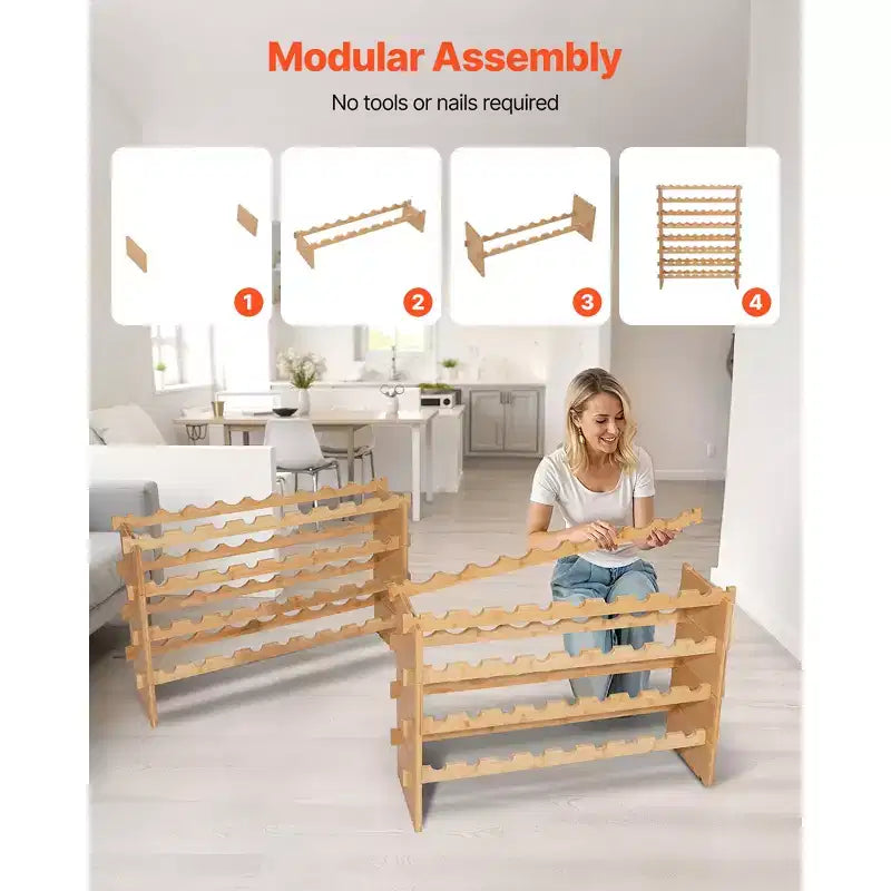 Range-bouteilles modulaire empilable VEVOR 72 bouteilles, 8 niveaux, porte-bouteilles autoportant, étagère de présentation robuste pour vins, étagères stables, marron