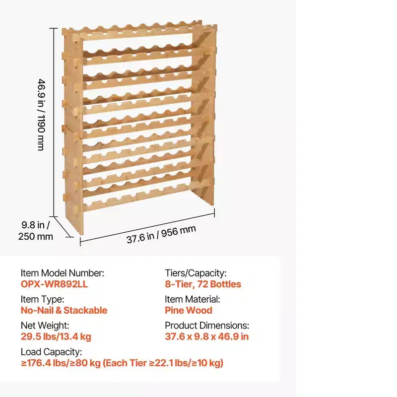 Range-bouteilles modulaire empilable VEVOR 72 bouteilles, 8 niveaux, porte-bouteilles autoportant, étagère de présentation robuste pour vins, étagères stables, marron