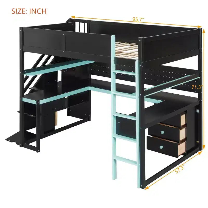 Lit mezzanine GDFStudio Scott en bois avec escalier de rangement, bureau, étagères et panneau perforé