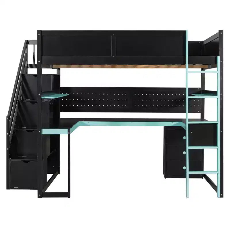 Lit mezzanine GDFStudio Scott en bois avec escalier de rangement, bureau, étagères et panneau perforé