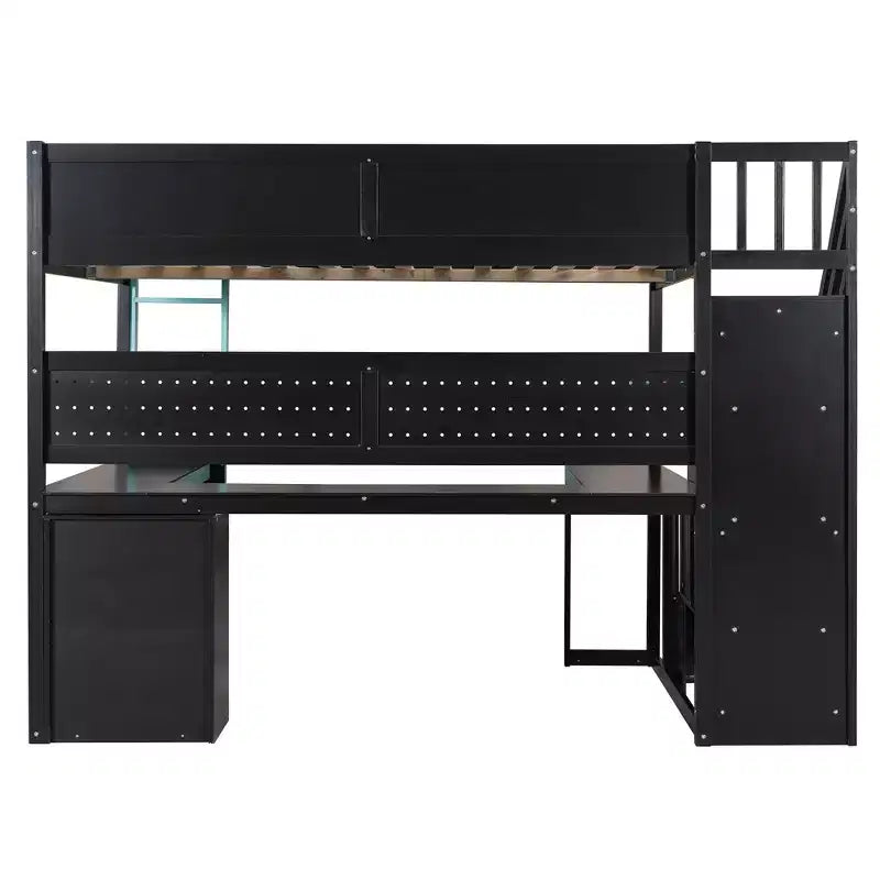 Lit mezzanine GDFStudio Scott en bois avec escalier de rangement, bureau, étagères et panneau perforé