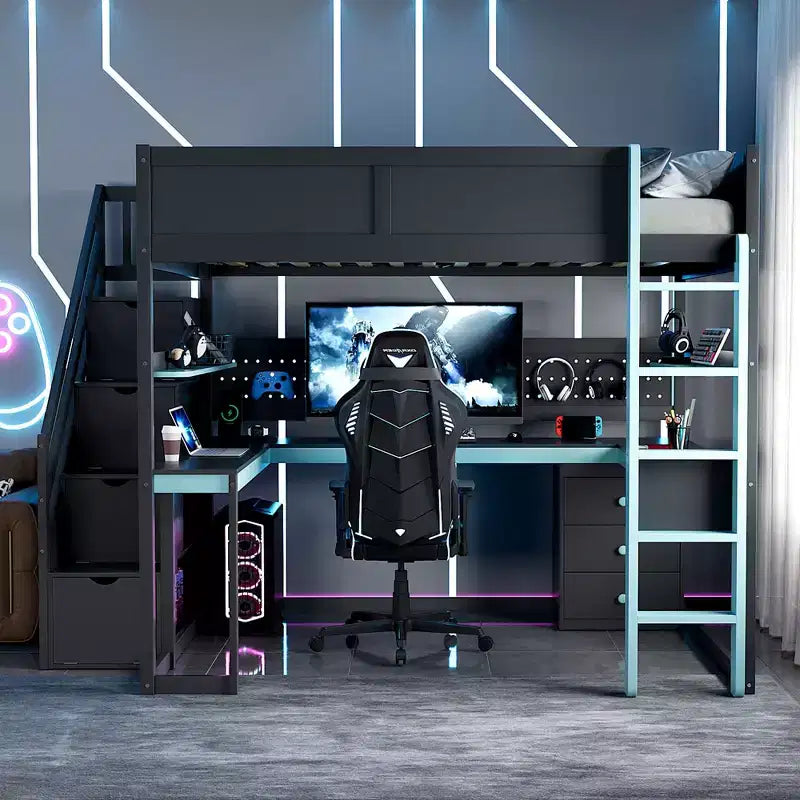 GDFStudio Scott Wooden Gaming Loft Bed with Storage Stairs, Desk, Shelves & Pegboard
