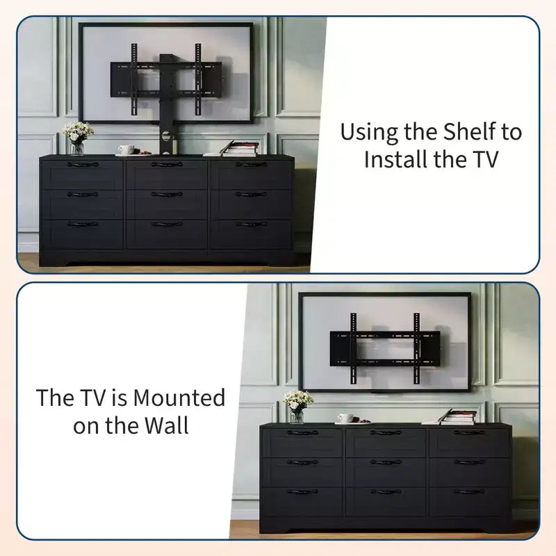 Commode moderne à 9 tiroirs, meuble TV avec support pour téléviseurs de 32 à 85 pouces, nombreux tiroirs de rangement, table console multimédia robuste, pour chambre ou salon, noire