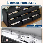 Commode moderne à 9 tiroirs, meuble TV avec support pour téléviseurs de 32 à 85 pouces, nombreux tiroirs de rangement, table console multimédia robuste, pour chambre ou salon, noire