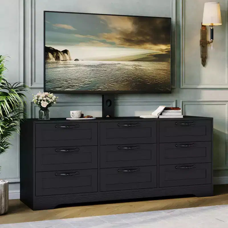 Commode moderne à 9 tiroirs, meuble TV avec support pour téléviseurs de 32 à 85 pouces, nombreux tiroirs de rangement, table console multimédia robuste, pour chambre ou salon, noire