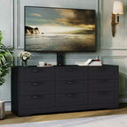 Commode moderne à 9 tiroirs, meuble TV avec support pour téléviseurs de 32 à 85 pouces, nombreux tiroirs de rangement, table console multimédia robuste, pour chambre ou salon, noire